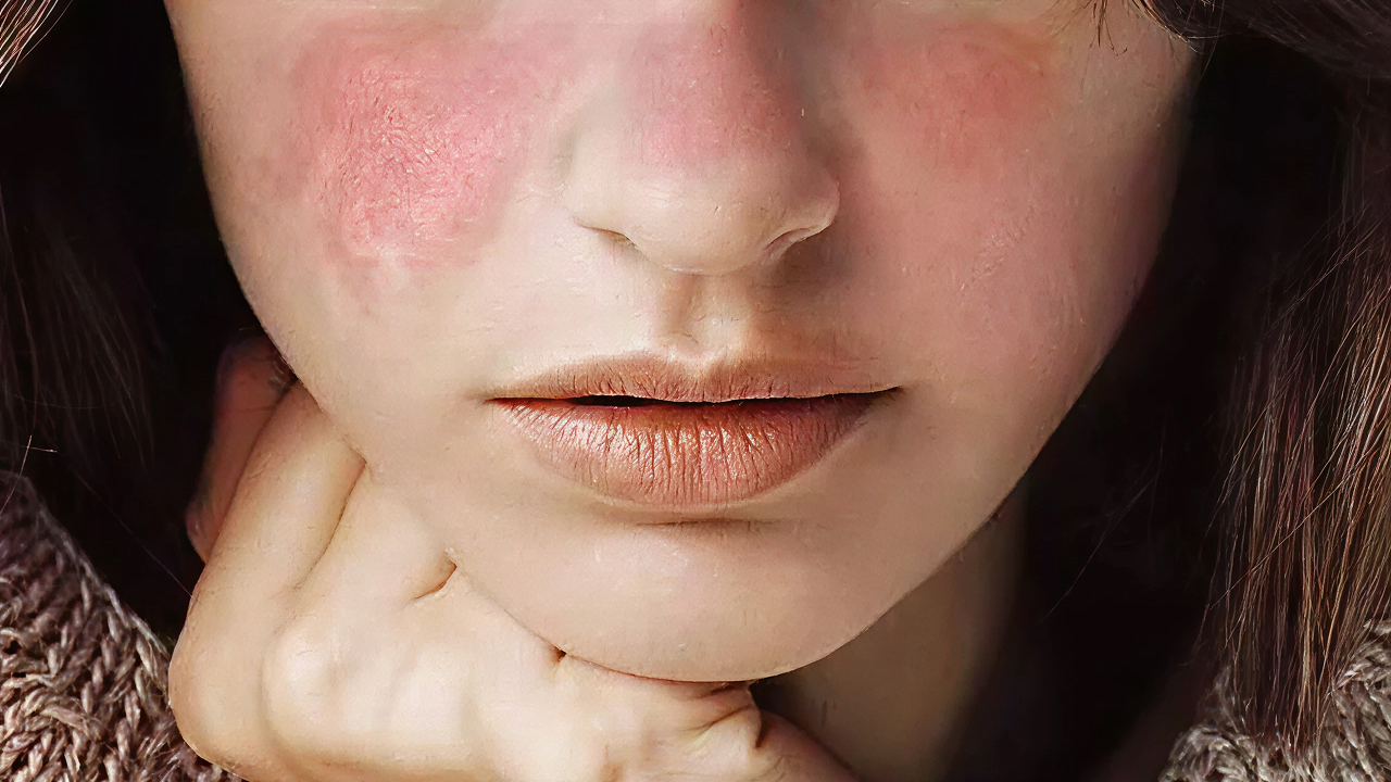 Bintik-bintik penuaan kemerahan pada wajah akibat lupus autoimmune (SLE)